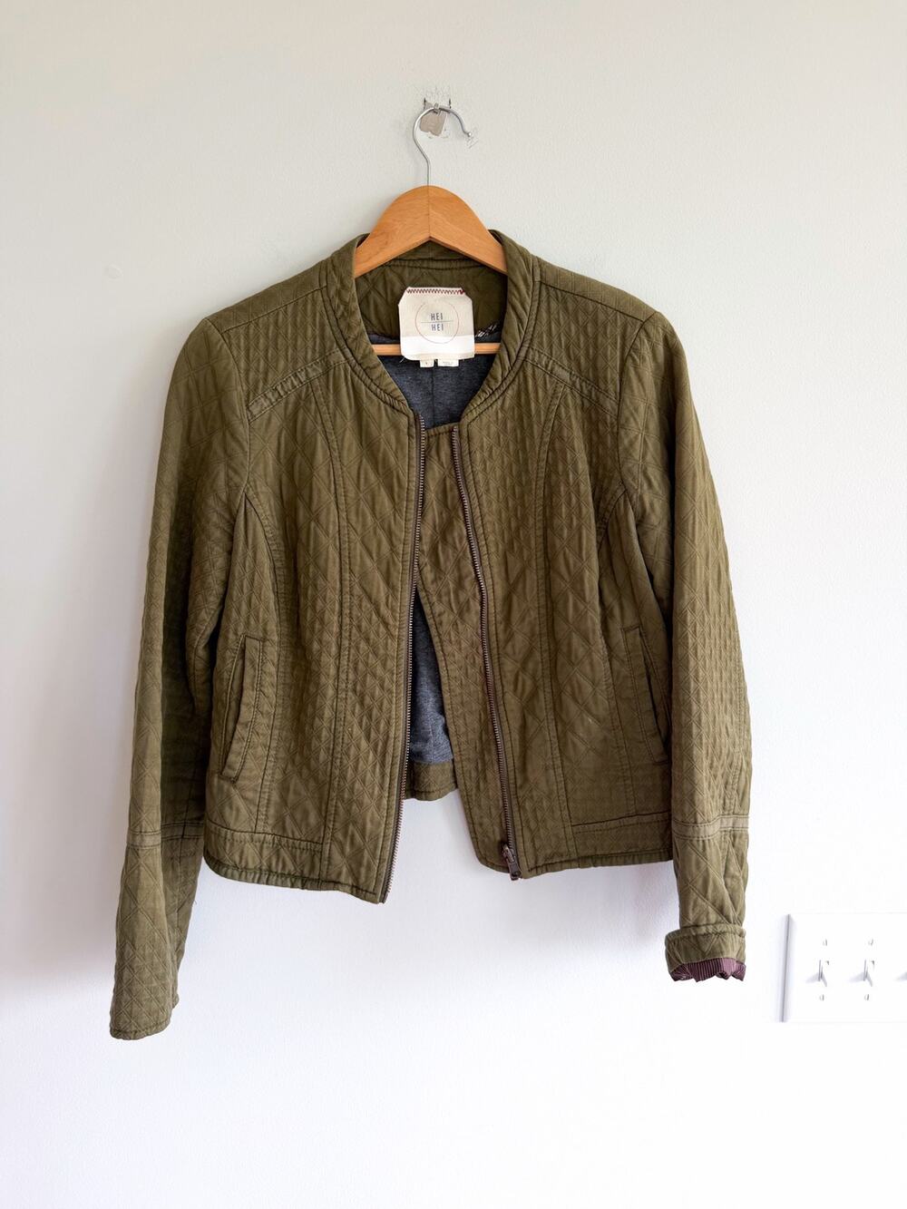 Anthropologie Hei Hei Quilted Cotton Zip Up Collarless Riding Jacket Green S